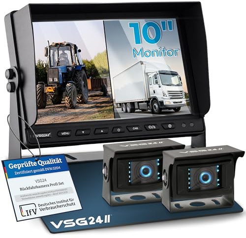 VSG24 Rückfahrkamera Set 10 Zoll PROFI HD XL mit 2 Kameras – wasserdichtes Rückfahrsystem (IP69K) – 1080P Monitor, 4 Kameraeingänge, Multiscreen, Nachtsicht – für LKW, Traktor & Baumaschinen (12V/24V)