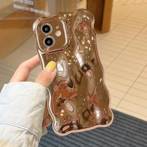 XIZYO Einfarbig Wellenform Hülle für iPhone 12, Gold | Niedliche Lockige Wellig, Ästhetisch Luxus Mädchen Design, Vollständiger Kameraschutz, Weiche TPU Silikon,Stoßfest Anti-Gelb