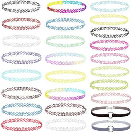 KUIZHEN Elastische Halskette, 26 Stück Choker Halskette Tattoo Kette Elastisch Dehnbar Tattoo Choker Stretch Chokers Kette Set Modeschmuck für Frauen Buntes Halskette
