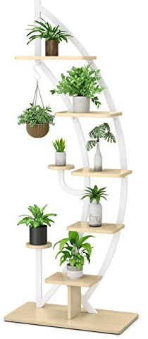 COSTWAY Soporte para Plantas Esquinero de 7 Niveles, Estantería Metálica para Plantas Interior, Forma de Luna con Gancho Superior, Soporte Alto para Macetas, Patio, Jardín, 60x30x155 cm (Blanco,1)