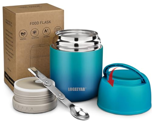 Itslife Thermo per Alimenti 500ml, Contenitore Termico per Alimenti di Acciaio Inossidabile con Cucchiaio Pieghevole, Isotermico Sottovuoto per Cibi Caldi e Freddi (Blu-Verde)