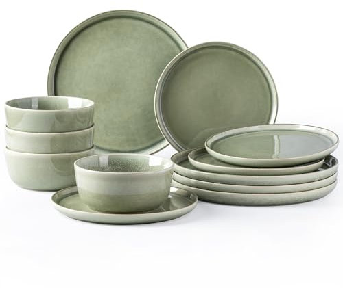 AmorArc Stoneware Dinnerware Sets for 4,Round Reactive Glaze Ceramic Plates and Bowls Set,Highly Scrath Resistant | Dishwasher & Microwave Safe Dishes Set,Service for 4 (12pc)