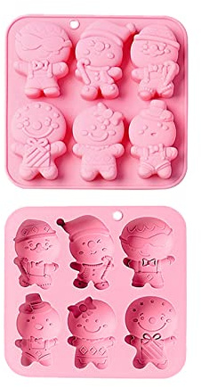 Stiesy Lebkuchenmann-Silikonformen mit 6 Mulden, Lebensmittelqualität, Harzgussformen, Silikon-Backform für Weihnachten, Schokolade, Süßigkeiten, Pudding, Fondant, Gelee, Eisherstellung, 2 Stück