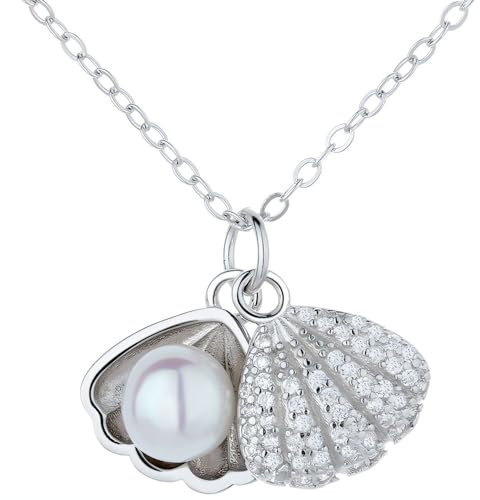 NicoWerk Damen Silberkette Muschel aus 925 Sterling Silber Filigran Ausgefallen Verspielt Glatt mit Stein Struktur Glänzend Perle SKE755