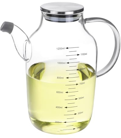 QWORK Botella grande de vidrio para aceite de cocina de 1200 ml, con tapa de acero inoxidable, dispensador de aceite y vinagre, para aceite de oliva, vinagre, salsa de soja, recipiente líquido sin