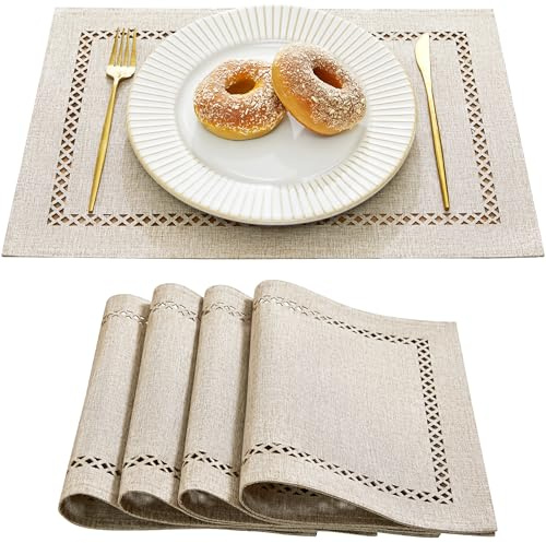 Aoztio Platzsets Abwaschbar 4er Set, Tischsets Abwaschbar, Kaffee | 30 x 45 cm, Rutschfest, Geometrische Lochmuster, Linen Geflochten Style, Hitzebeständig, für Küche, Speisetisch, Outdoor