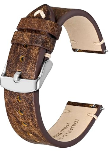 BSIONSTRAP Antike Uhrenarmband für Herren, Italienisches Leder, Schnellverschluss Armband, Kompatibel mit Uhrenanstoßbreiten von 22 mm, Karamellbraun (Silberne Schnalle)