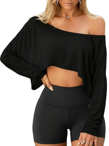 Navneet Off Shoulder topp damer crop toppar axellös oversize långärmad tröja asymmetrisk topp party festival Y2K, Svart off-shoulder, S