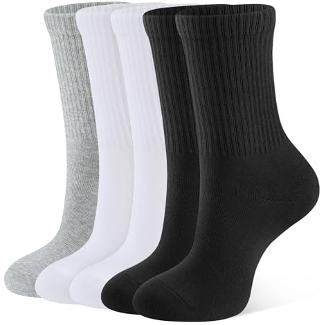 CLOSEMATE 5 Pares Calcetines Deporte Mujer Altos de Algodón Antiampollas Antideslizantes Largos Transpirables Deportivos Trail Running Pedel Tenis Negro Blanco Gris-Claro S
