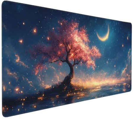 Gaming Tapis de Souris Lune Arbre, Grand Tapis de Souris XXL 1600x800x3 mm, Tapis Souris pour Clavier et Bureau, avec Bords Surpiqués et Dos Antidérapant, for Gamer Gaming Accessoire E-1117