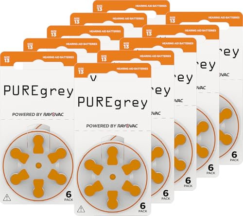 PUREgrey Lot de 60 piles pour appareils auditifs de type 13 - Piles conçues pour une performance maximale - Pack de 10 blisters de 6 piles auditives - Code couleur orange PR48 1,45 V