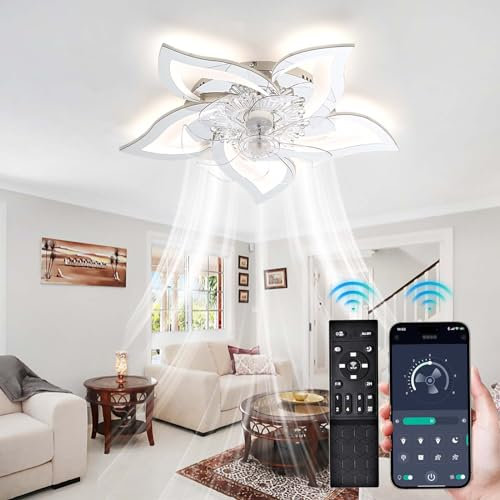 Ventilador de techo con diseño floral moderno de 69 cm con control remoto, luces LED regulables, motor CC reversible de 6 velocidades, función de memoria, ideal para dormitorio y sala de estar,