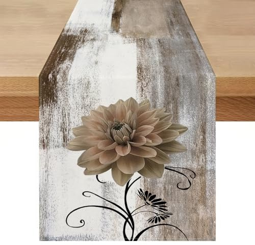 Chemin de Table Moderne Fleurs et Dahlias Gris, Imperméable, 33 x 183 cm, Résistant Intempéries, Décoration de Table d'été, Lavable, Peinture à l'huile, pour Salle à Manger, Fête, Vacances