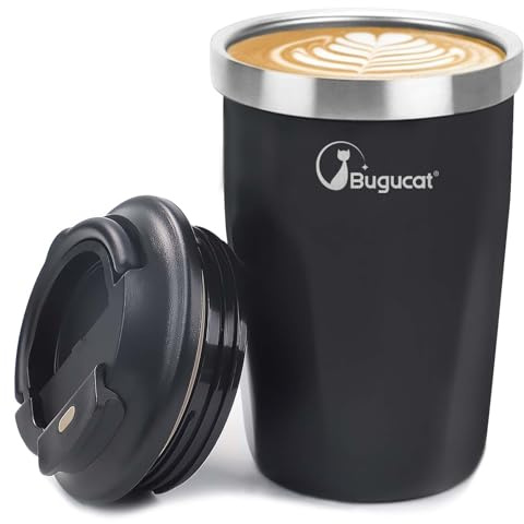 Bugucat Taza de Café Térmica 400 ml - Taza Termo Café Para Llevar Pequeño, Taza Portátil a Prueba de Fugas para Bebidas Calientes y Frías, Negro