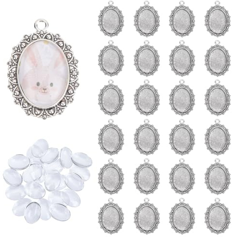 UNICRAFTALE 24 Set Anhängertabletts Hochzeitsstrauß Foto Charms Antik Silber Anhänger Lünetten Cabochon Rohlinge Ovale Glas Cabochon Einstellungen Für Schmuckherstellung Hochzeit Abschluss