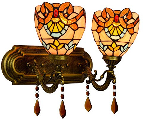 Aplique de pared estilo Tiffany, 2 luces de 15 cm con vitral de cristal, lámpara de noche decorativa estilo barroco vintage for dormitorio, sala de estar, pasillo y escaleras.