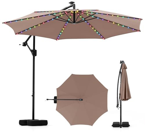 COSTWAY Sombrilla Terraza Exterior 3x3M con Base, Parasol Jardin con Iluminación LED, 9 Modos, 96 Luces, Ajuste de Inclinación, Rotación de 360°, Manivela, sombrillas para patio Jardín (Café)