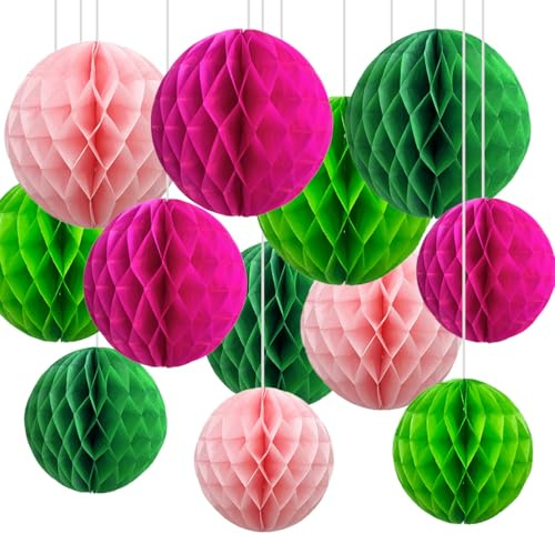 12er Grün und Rosa Papier Wabenbälle,Hängende Seidenpapier Honeycomb Balls for Party Dekoration(6inch&10inch)