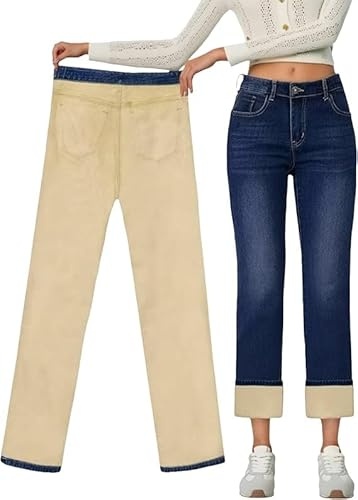 LuminBlaze, Jeans da Donna Imbottito Invernale, Jeans Termici da Donna, Jeans da Donna a Gamba Dritta, Jeans Foderato da Donna, Blu mare, (XL)W x 30L