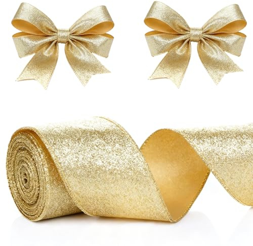 XDGBGFN 10M Schleifenband Mit Draht Gold, 6CM Breite Geschenkband Glitzer,Gold Weihnachtenband, Glitzer Weihnachtsbaum Band für Weihnachten Dekoration Geschenkverpackung (Gold)