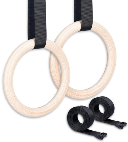 Turmegtt Turnringe Holz mit Befestigungsgurten, für Gym Home Fitness | Verstellbare Gurte mit Schnellverschluss & Karabiner Turnringe, Gymnastikringe Wettkampf Norm 28mm Griffe Gymnastic Rings