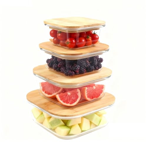 YedZen Meal Prep Glass Food Storage Containers with Bamboo Lids, Set of 4 Borosilicate Glass Lunch Box with Airtight Lids, Nesting Reusable, Microwave＆Oven Safe, Fridge Storage Glass Container, Square