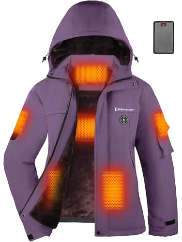 Brimekey Veste Chauffante Graphène Femme avec Capuche, Polaire Veste de Ski Imperméable et Coupe-vent avec Batterie 20000mAh, 6 Zones Chauffantes, 3 Niveaux de Température pour Ski, Randonnée(Violet)