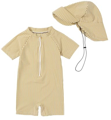 JiAmy Traje de baño para bebé con sombrero para el sol, protección UV, de una pieza, traje de baño, amarillo, 12-18 meses