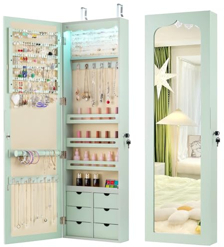 COSTWAY 5 LED Lights Jewellery Cabinet, Door Hanging/Wall Mounted Jewelry Armoire with Full Length Mirror and Large Storage, Bedroom Lockable Cosmetics Jewellery Organiser (Green, 6 Wooden Drawers)