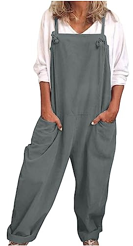 VPQILH Womens Cotton Linen Dungarees Ladies Sleeveless Jumpsuit Adjustable Straps Romper Solid Color Bib Overalls Loose Fit Bodysuit with Pockets Playsuit Summer Jumpsuits Size S-5XL