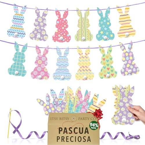 Premium Wiederverwendbare Osterdeko - Osterhase Deko - Osterdeko zum Aufhängen, Frühlingsdeko Innen - Ostergirlande mit 12 doppelseitigen Papier hasen mit Pompon Schwänzchen