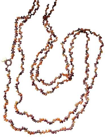 Collana artigianale lunga fatta a mano, lavorata a mano all'uncinetto con filato prezioso Lurex rame e perline Miyuki giapponesi arancio, ocra e bronzo - Idea regalo elegante donna. Pezzo unico.