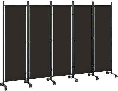Outsunny Paravento da Interno a 5 Pannelli Pieghevole, 252x40x170 cm Separe Divisorio Interno in Acciaio con 12 Ruote, Divisorio per Ambienti Autoportante per Casa, Soggiorno e Ufficio, Nero