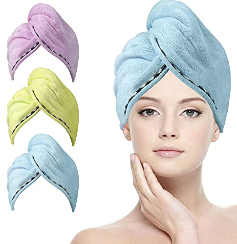 ACWOO Toallas para Secar El Pelo, 3pcs Gorro de Pelo Seco y 6pcs Banda Elástica Set, Toalla de Microfibra para Secar El Cabello, Turbante de Secado Rápido para Mujer (Azul, Amarillo, Morado)