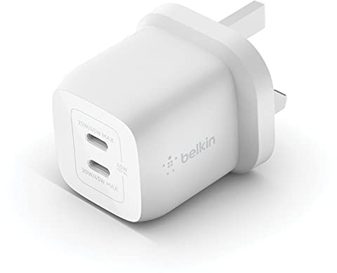 Belkin 45W Dual USB Type C Wall Charger, Fast Charging Power Delivery 3.0 with GaN Technology, USB C Charger for iPhone 17, iPhone Air, iPad Pro, MacBook, Samsung Galaxy S25, Pixel And More - White