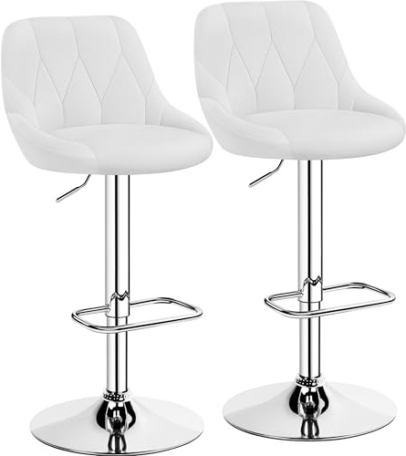 Yaheetech Set med 2 barstolar, justerbar sitthöjd 61,5 cm 83 cm stoppad pall med vridbar sits, pall med fotstöd för kök/bar/salong/matsal, vit