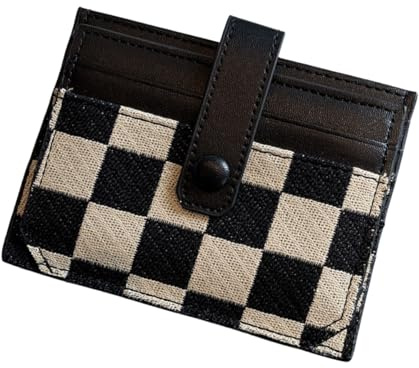 TURBOOST Cute Slim Card Holder Canvas Front Pocket Checkered Wallet, Small Credit Card Case for Women (Black)