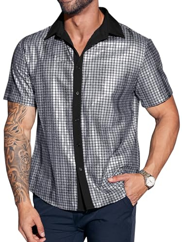 Runcati Mens Disco Shirt 70s Short Sleeve Button Down Vintage Party Top, Grey, XL