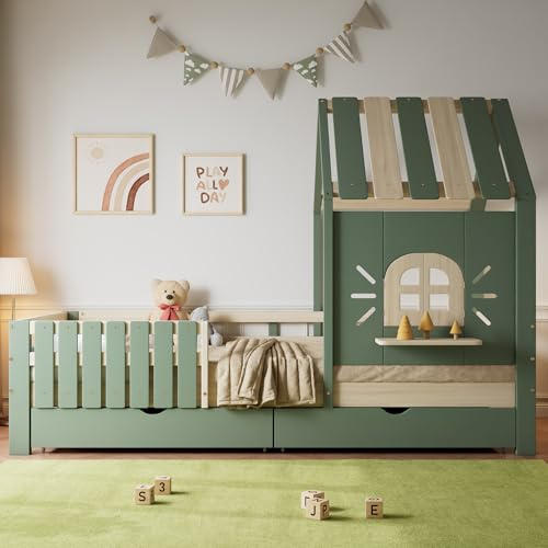 Kinderbett 90x200, Hausbett mit Dach & Fenster, Hochbett mit Holzfensterbank & 2 Schubladen, Holzbett Bettgestell mit Rausfallschutz&Lattenrost, Funktionsbett Jugendhochbett, Ohne Matratze,Grün+Natur