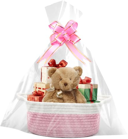 Cesta de regalo vacía 30x20x12 cm, cesta trenzada con bolsas de regalo y cintas, cesta de presentación vacía para Navidad, cumpleaños, boda, cesta de almacenamiento, cesta decorativa (Rosa)