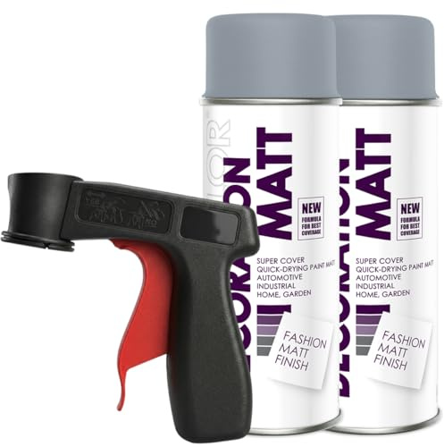 Craft-Equip DC 2er Sparpack Lackspray Matt nach RAL in 400ml zur Lackierung von Auto Stahl Aluminium Beton Holz und Haltegriff (2 Dosen in silbergrau MATT RAL 7001 + Haltegriff)