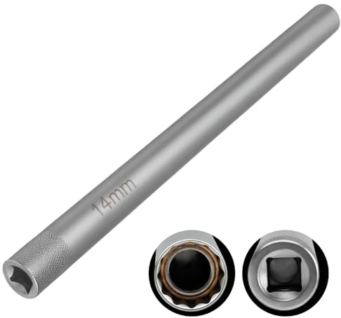 RowGlow tändstiftsnyckel 14 mm 3/8 tum 12 ansikten lång 250 mm, lång tändstiftsnyckel 14 mm 12 ansikten 3/8 tum för bilar, kromvanadinstål (14 mm)