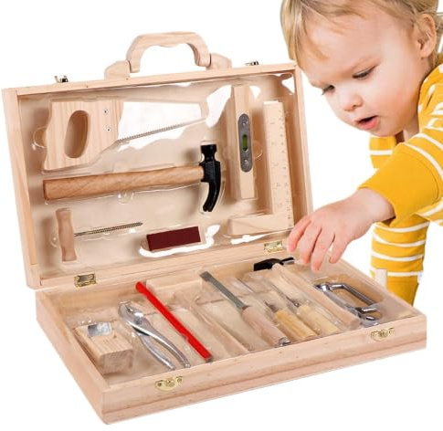 Boîte à Outils en Bois Enfant - Jeu de rôle Kit de Construction pour Tout-Petits Éducatifs Homme à faire | Jeu avec Scie Marteau Tournevis Clé Accessoires Garde d' Jeux à Domicile