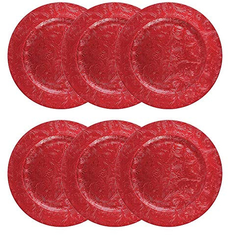 YoL 6 Embossed Decorative red Round Charger Plates Christmas Xmas Dining Table 33cm re-usable Party