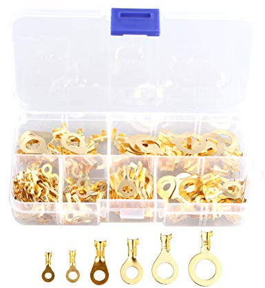 HALJIA 150PCS Assorted Brass Ring Cable Lugs Ring Eyes Copper Crimp Cable Universal Connector Wire Terminals Professional Fire Retardant OT Wire Crimp Connector Assortment M3 M4 M5 M6 M8 M10 Kit Gold