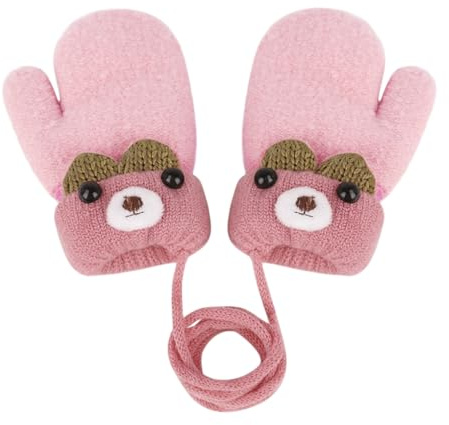 IPENNY Kids Baby Toddlers Cute Bear Winter Mittens Thick Fleece Lined Knit Gloves with Neck Hang String Full Finger Warm Ski Gloves Cold Weather Outdoor Hand Warmer Wear for Kids Ages 0 to 3