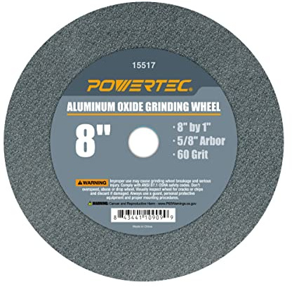 POWERTEC Bench Grinder Wheel 8 Inch 60 Grit, Aluminum Oxide Grinding Wheel for Bench Pedestal Grinder, 1 Thick 5/8 Arbor, Sharpening & Shaping Drill Bits, Blade, and Chisel 1PK (15517)