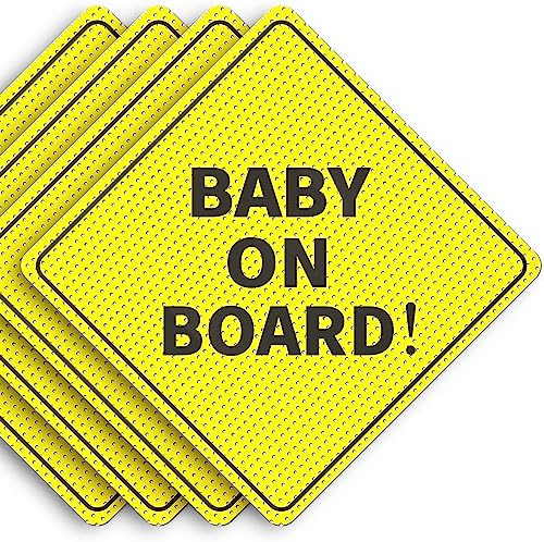 ASSURED SIGNS Baby On Board Sign Sticker for Car, 4 Pack, 5 by 5 | Perforated See-Through Design, Exterior Application for Maximum Visibility, Tinted Window Compatible, Weather Resistant Vinyl