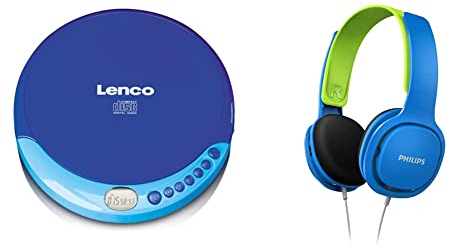 Lenco CD-011 Tragbarer CD-Player Walkman - Diskman - CD Walkman - Blau & Philips SHK2000BL/00 Over Ear Kinder Kopfhörer, Farbige LED-Leuchten, 85dB Lautstärkebegrenzung, Geräuschisolierendes
