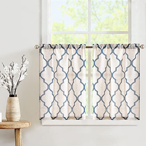 TOPICK Bistrogardine Scheibengardinen mit Raute H60xB65 2er Set Blau Natur | Bistrogardine Scheibengardinen modern Wohnzimmer Küchengardinen kurz Küche Leinenoptik Gardinen Vorhänge Muster Landhausstil